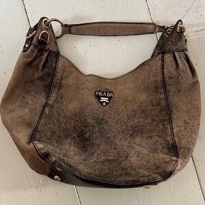 Prada Distressed Brown Leather Hobo Bag